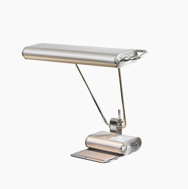 Art Deco 34 adjustable chrome table lamp direct side view studio photography highlighting ribbed metal finish and architectural design