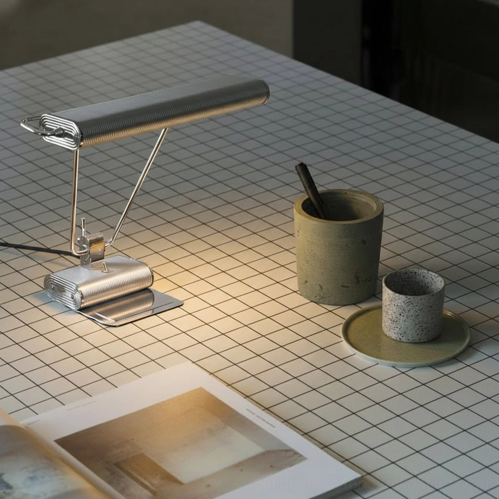 Art Deco 34 table lamp lit overhead view on dining table providing warm ambient task lighting for minimalist interior