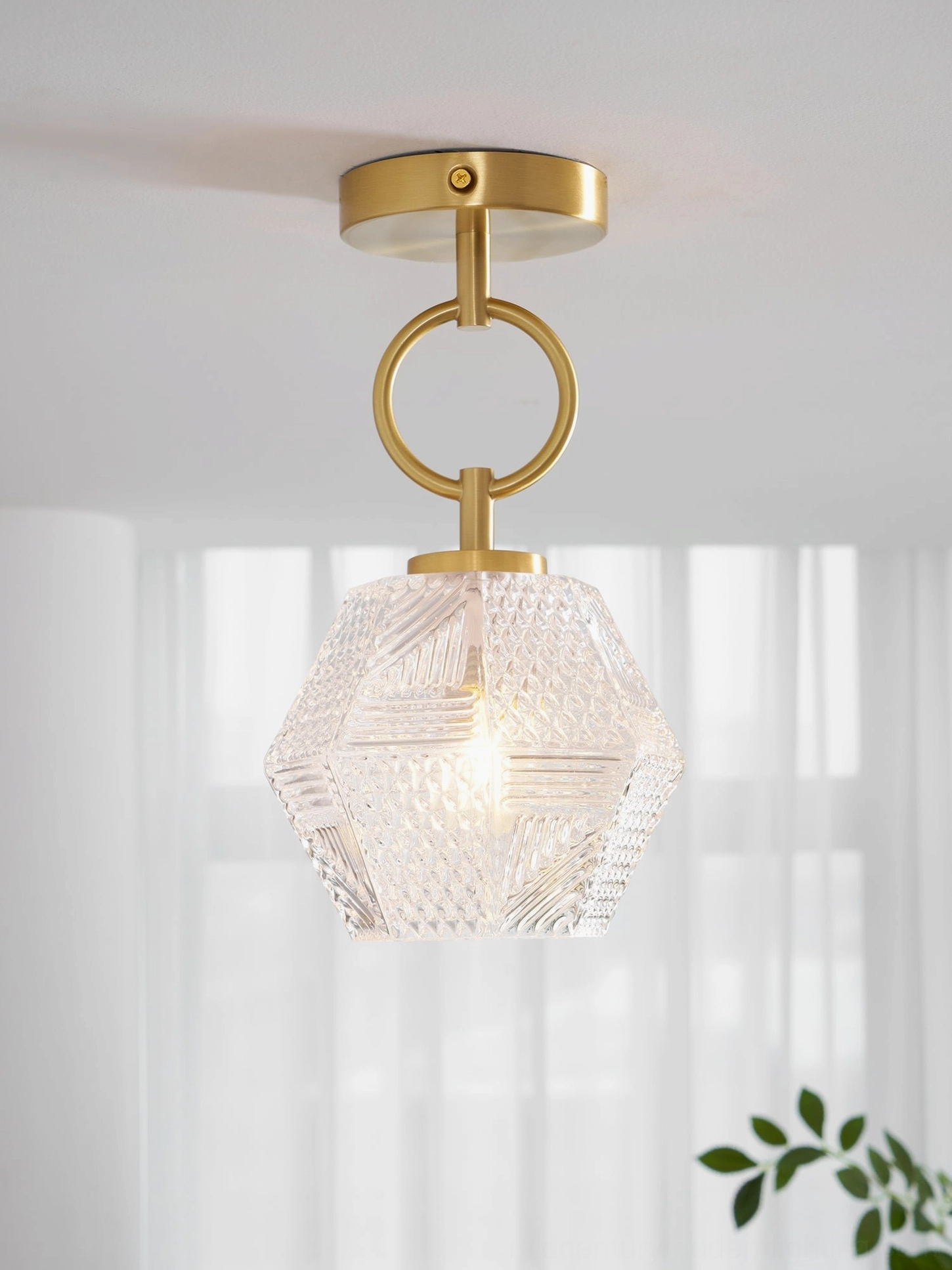 Art Deco ceiling light brass ring suspension with faceted opaque glass illuminated