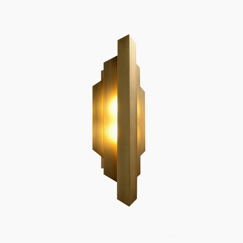 Art Deco polished brass wall sconce showing complete design profile and lighting output