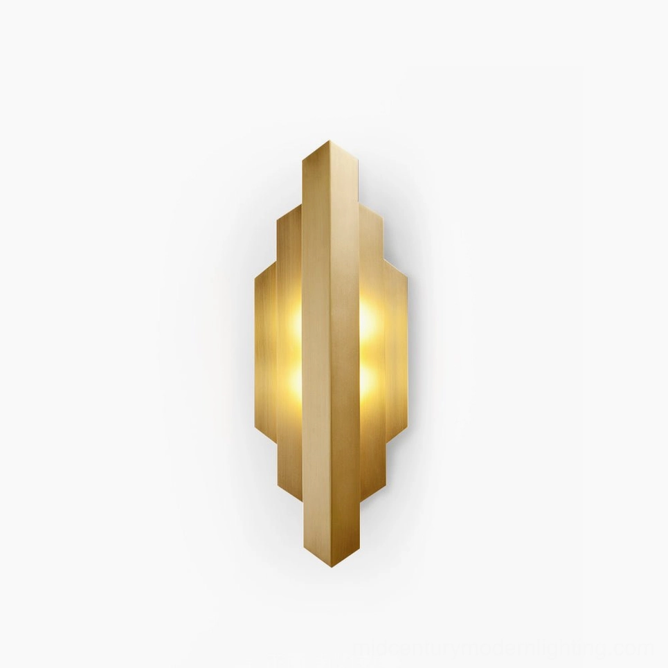 Art Deco brass wall sconce with geometric stepped design and polished brass finish on white background