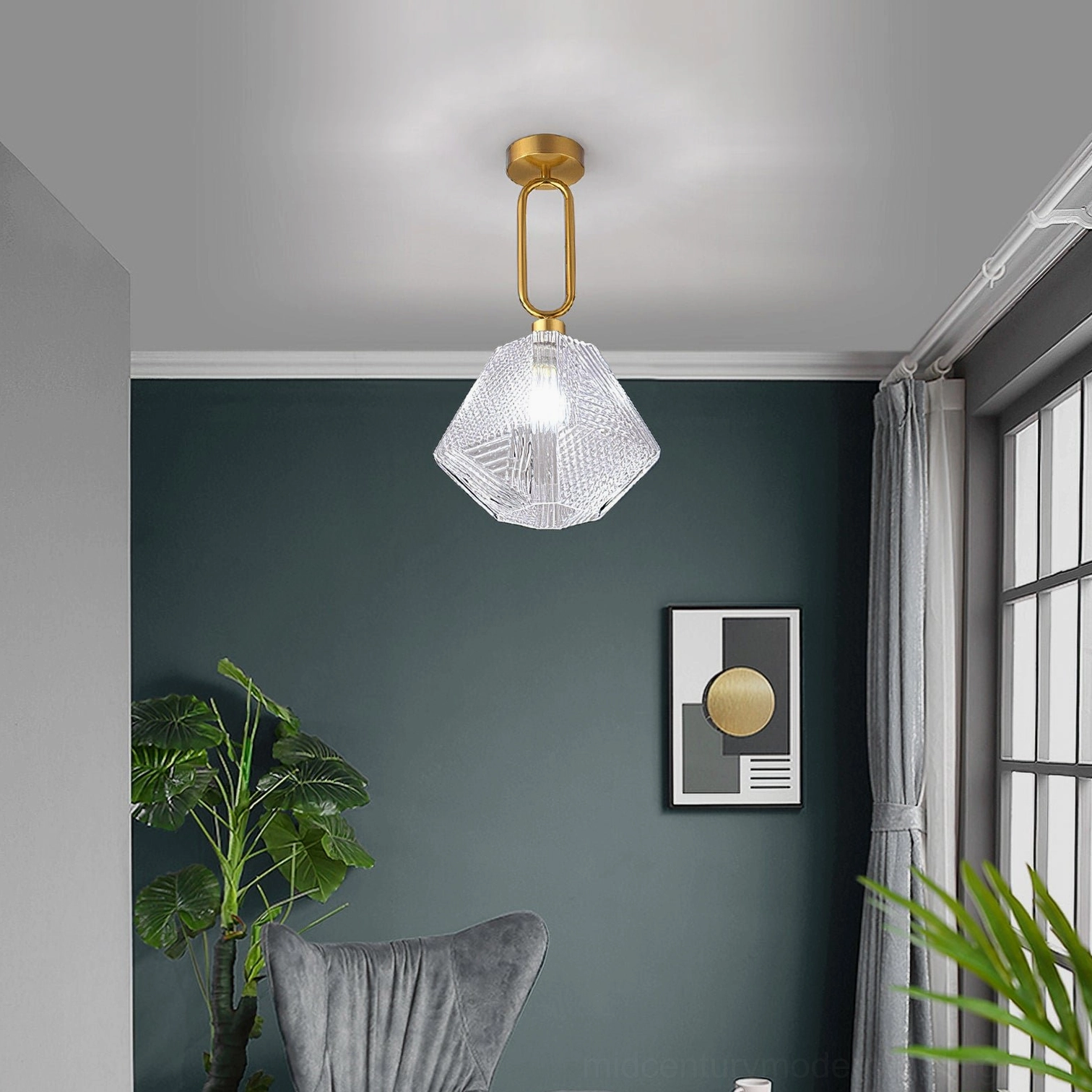 Single Art Deco geometric ceiling lamp with brass hardware in modern living room teal accent wall