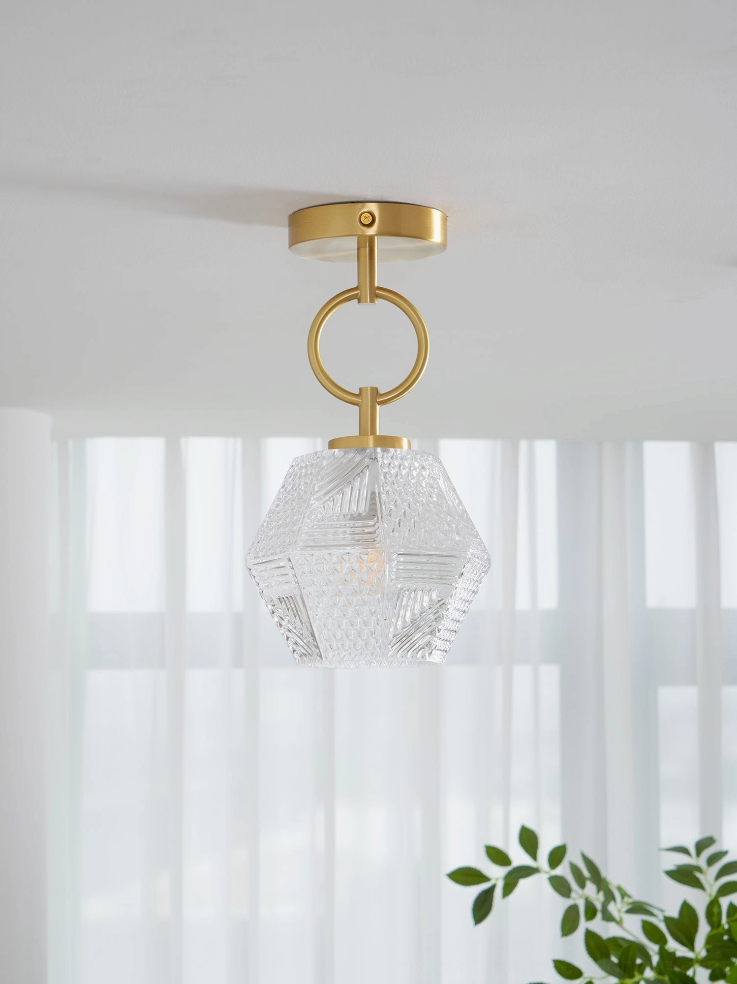 Art Deco diamond cut ceiling pendant with geometric brass and opaque glass construction
