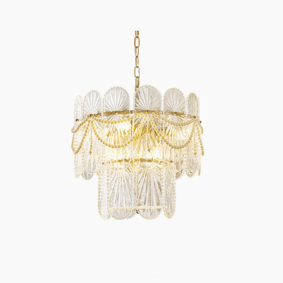 Art Deco two-tiered pearl beaded glass chandelier with gold frame - front overhead studio view