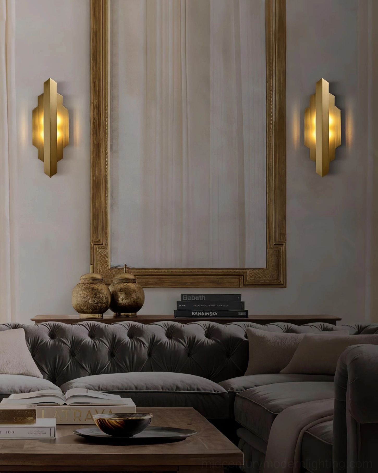 Art Deco wall sconce mounted on dark grey bedroom accent wall beside nightstand and floral décor