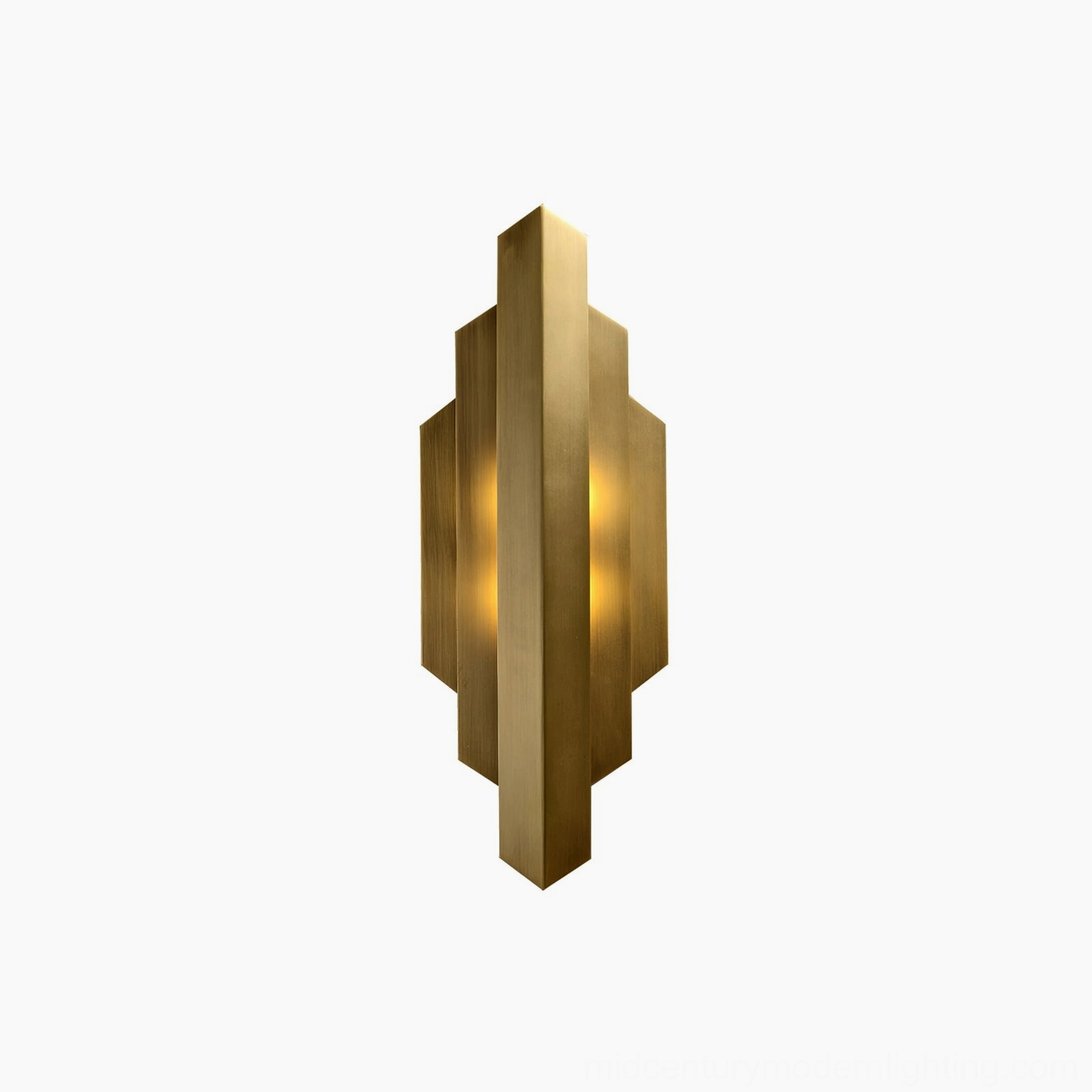 Art Deco geometric brass wall light fixture with stepped layered design detail