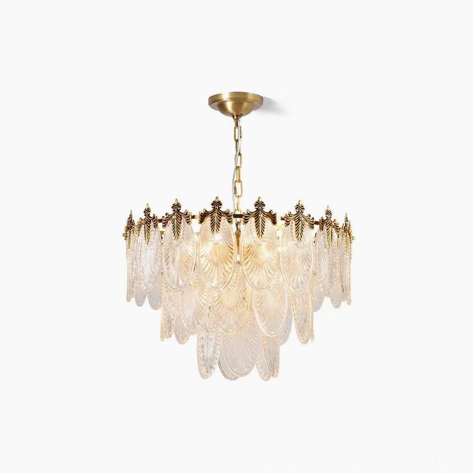 Art Nouveau brass leaves tiered chandelier with three suspended rings and fluted glass palmette pendants, overhead view on white background
