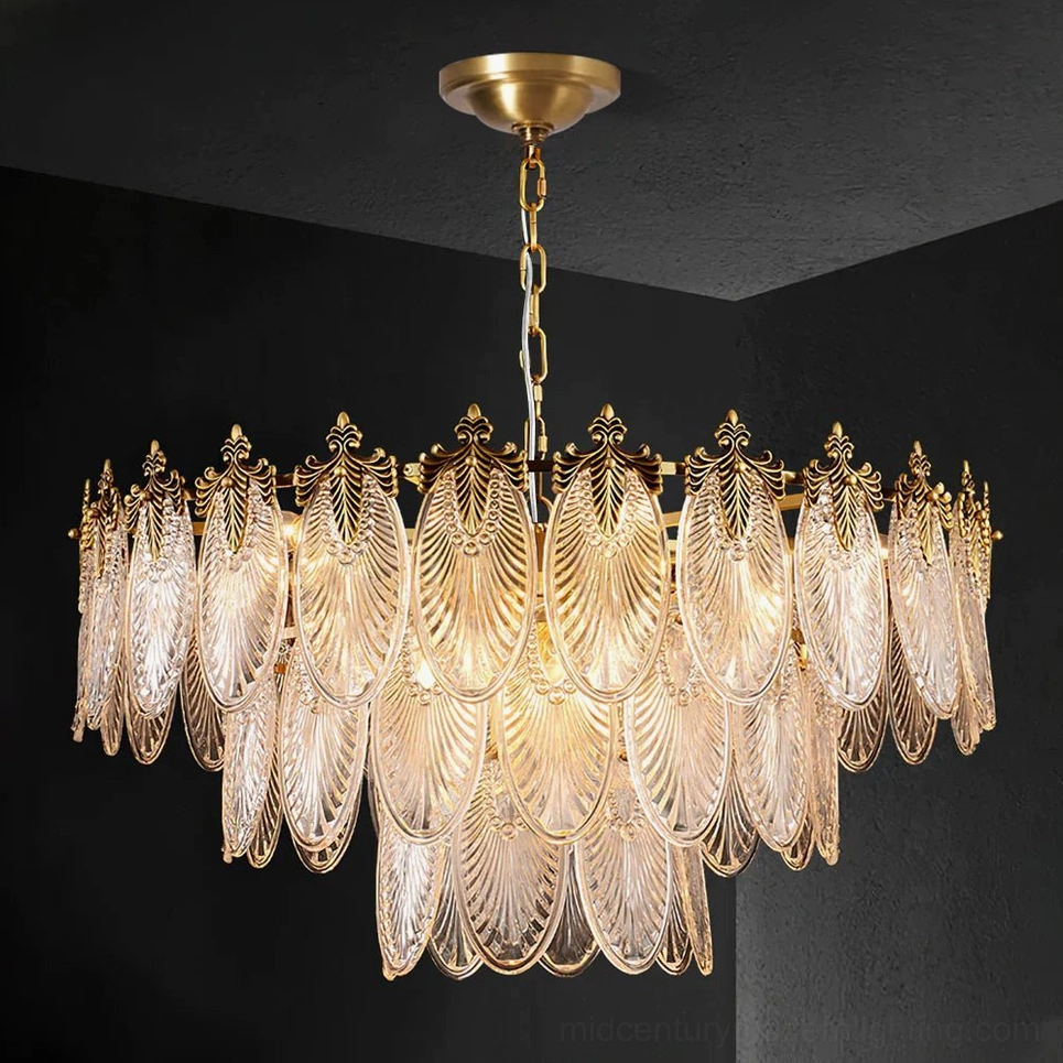 Overhead product shot of art nouveau brass leaves chandelier on neutral background, showing tiered ring structure and glass pendants