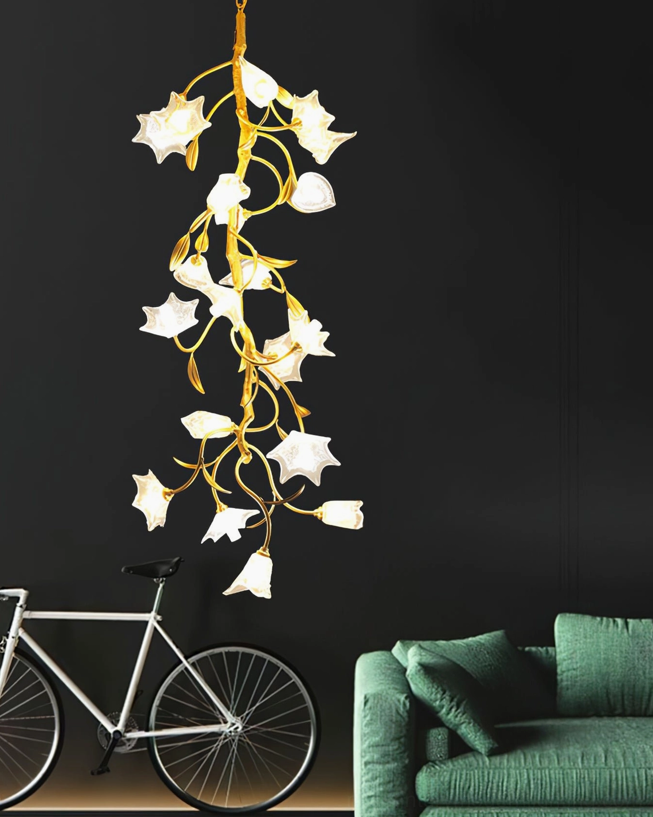 Artisan botanical branch chandelier with gold brass frame and clear glass blooms, architectural lighting fixture