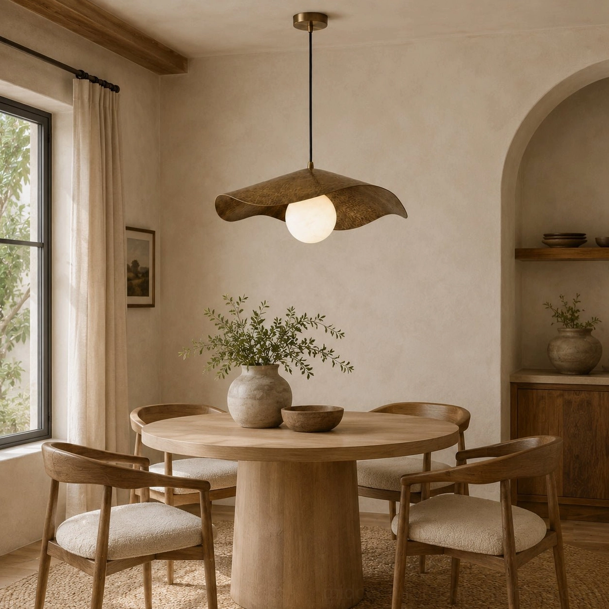 Brass and alabaster pendant fixture illuminating cozy dining space with arched niche, wood furniture and potted plants