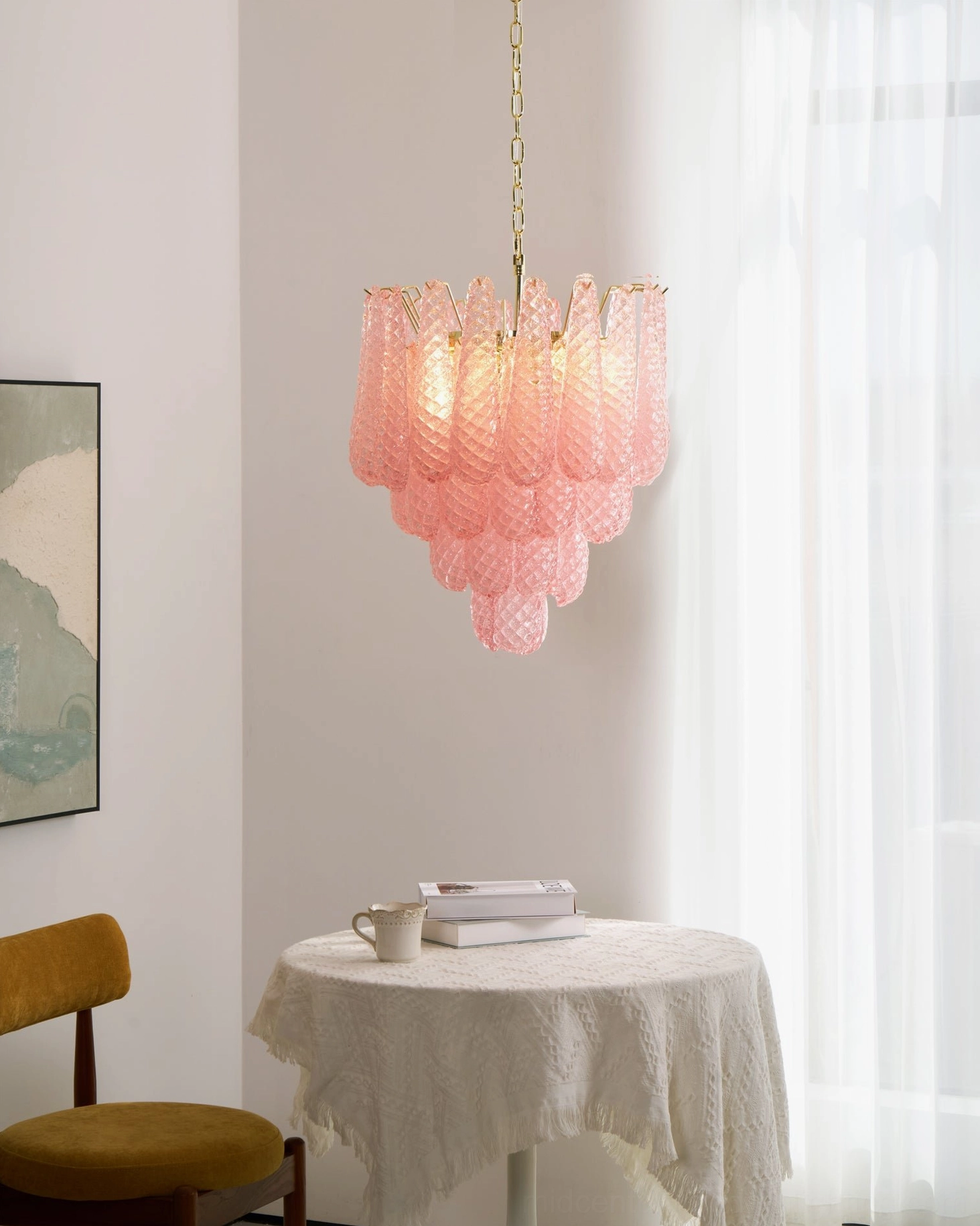 Viola pink glass chandelier artistic detail emphasizing hand-crafted glass quality and finish