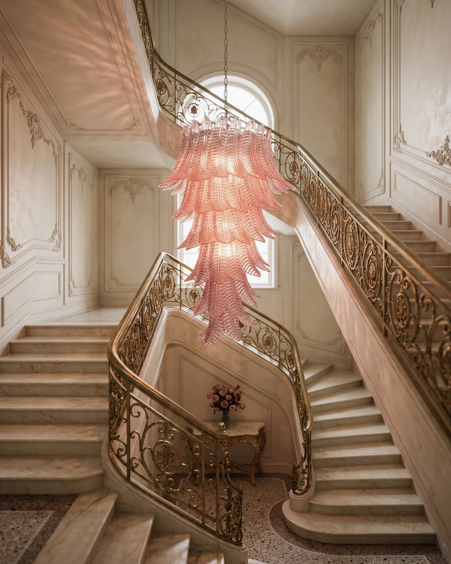 Asinara pink murano glass chandelier foyer installation grand staircase neoclassical gilded railings