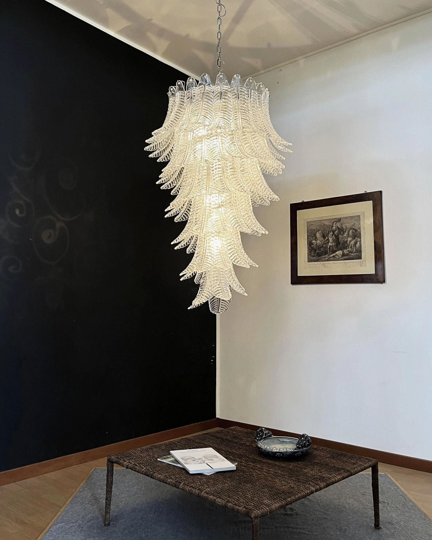 Asinara clear murano glass chandelier foyer installation elegant neoclassical interior