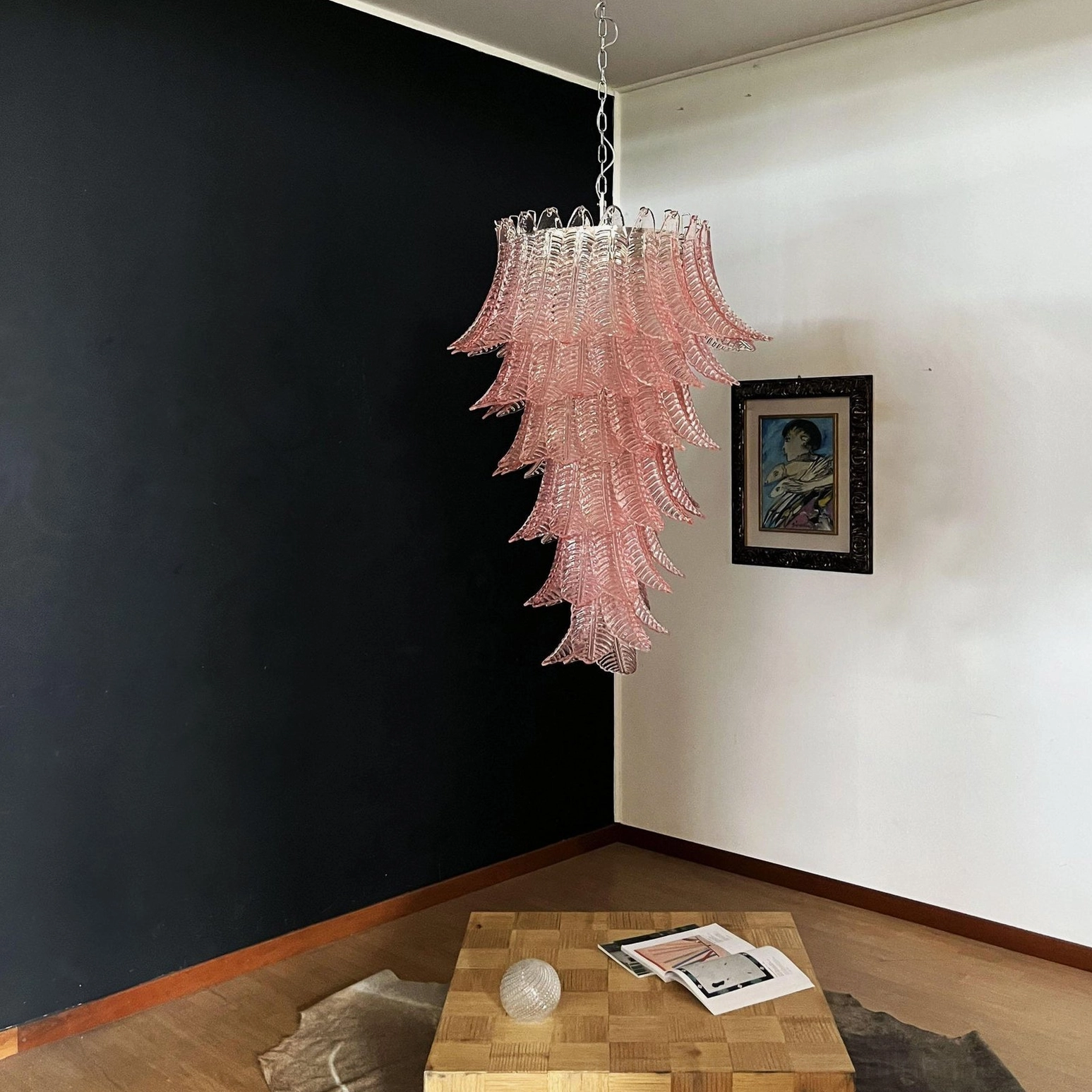 Asinara clear murano glass chandelier full cascade view cascading palm leaf tiers studio lighting