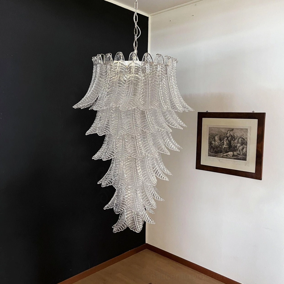 Asinara clear murano glass chandelier architectural minimalist dining space modern interior