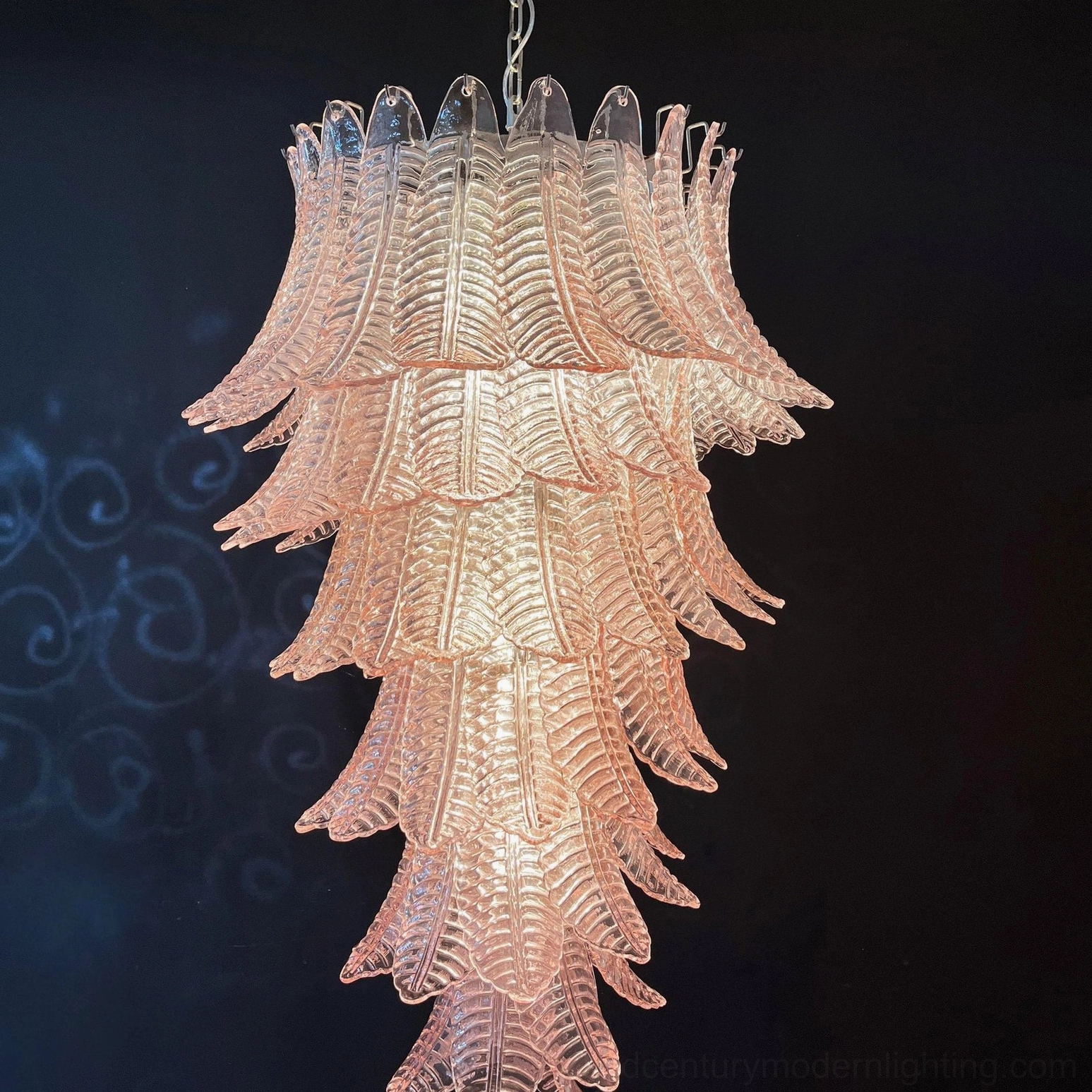 Asinara pink murano chandelier side profile view cascading leaf silhouette ribbed glass texture