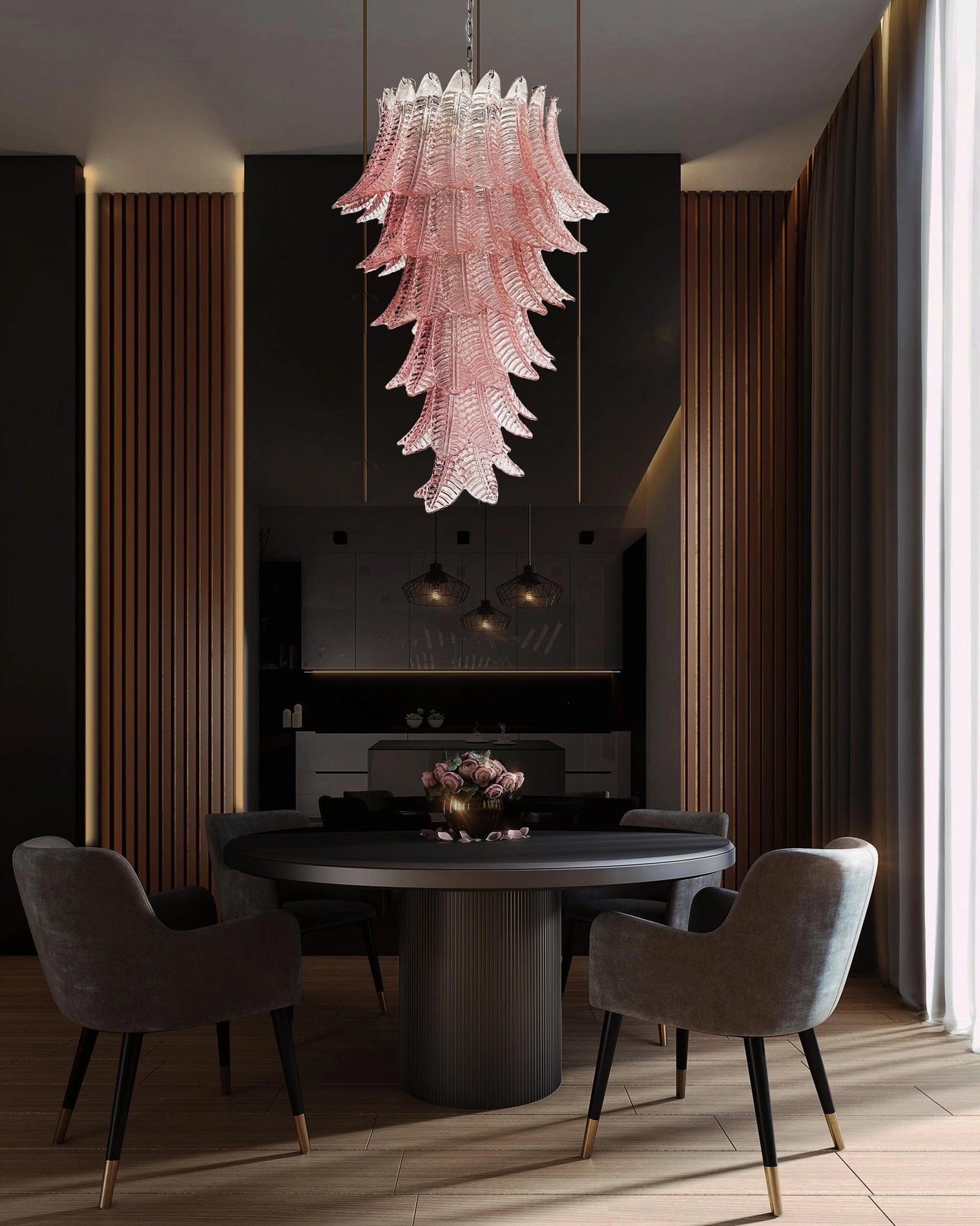 Asinara pink murano glass chandelier detail closeup individual leaf glass forming handcrafted