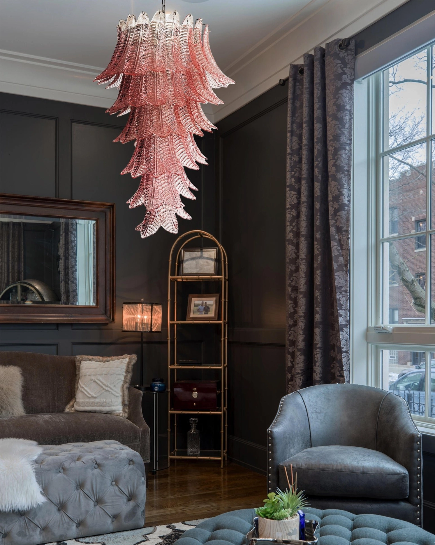 Asinara pink murano glass chandelier installed dining room ambient glow soft lighting ambiance