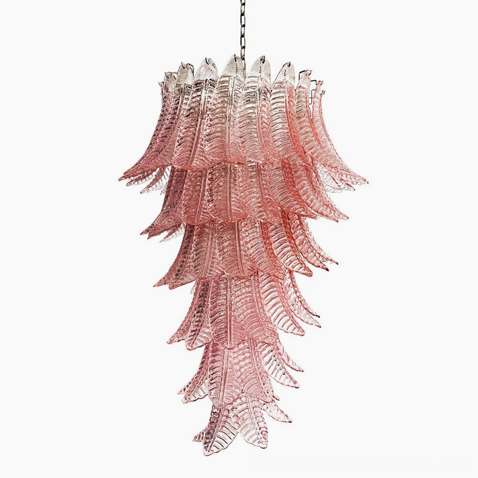 Asinara pink murano glass chandelier front view studio shot isolated white background cascading palm leaf tiers