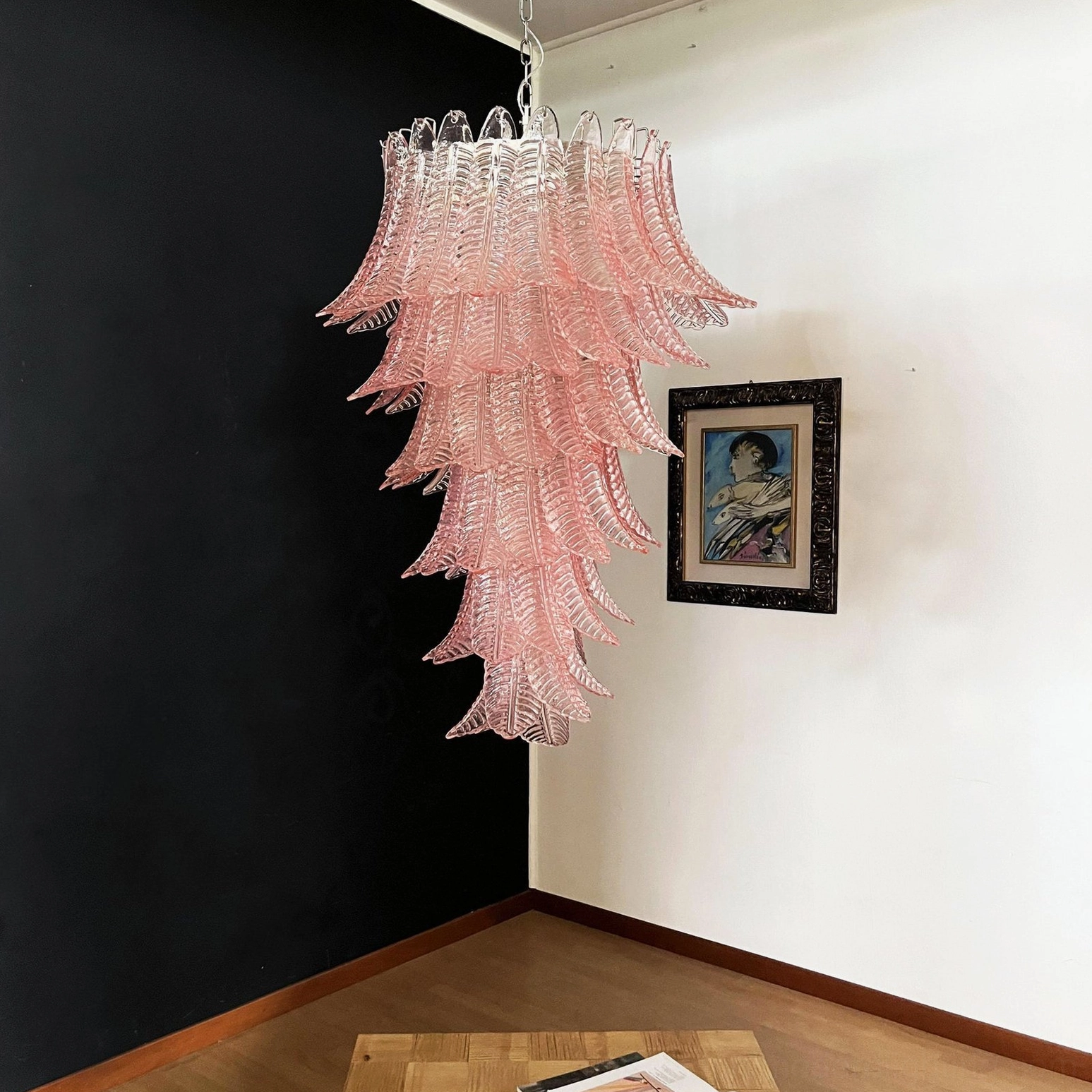 Asinara pink murano glass chandelier room interior cozy home decor dark accent wall wooden floors