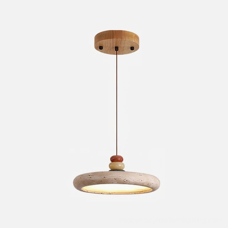 Medium Model A travertine disc pendant lamp - 30cm diameter stone light fixture