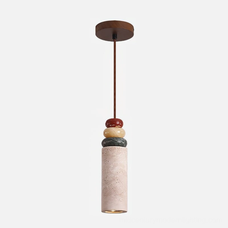 Model B cylindrical travertine pendant lamp - compact artistic stone light fixture