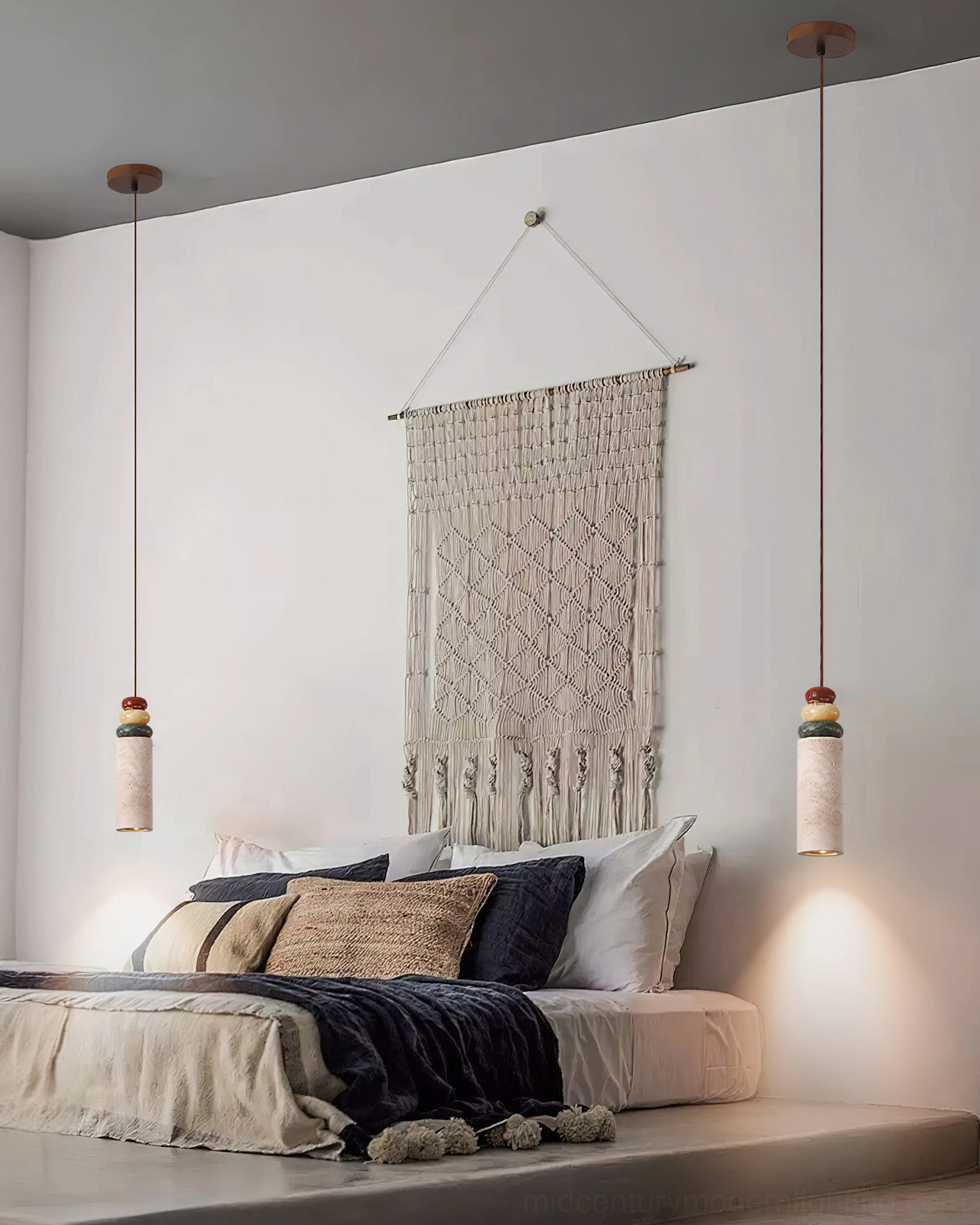 Modern travertine stone pendant light installation - clean aesthetic in contemporary interior