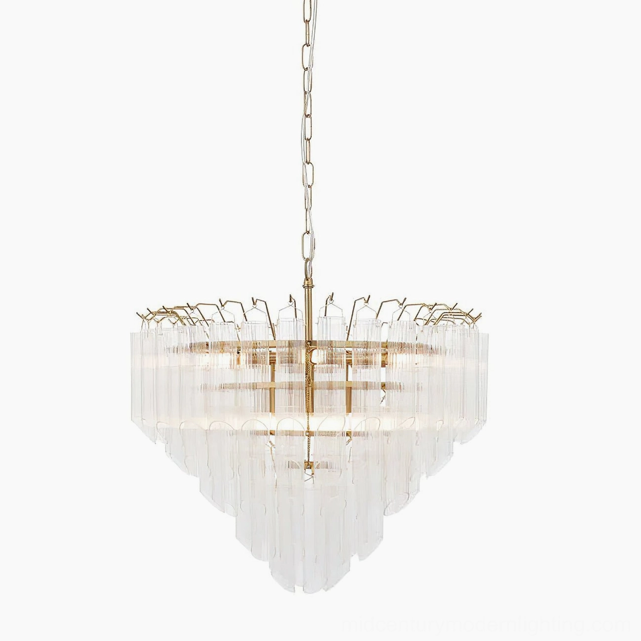 Astoria Waterfall Glass Chandelier bottom-up view - symmetric tiered cascade with brass suspension chain on white