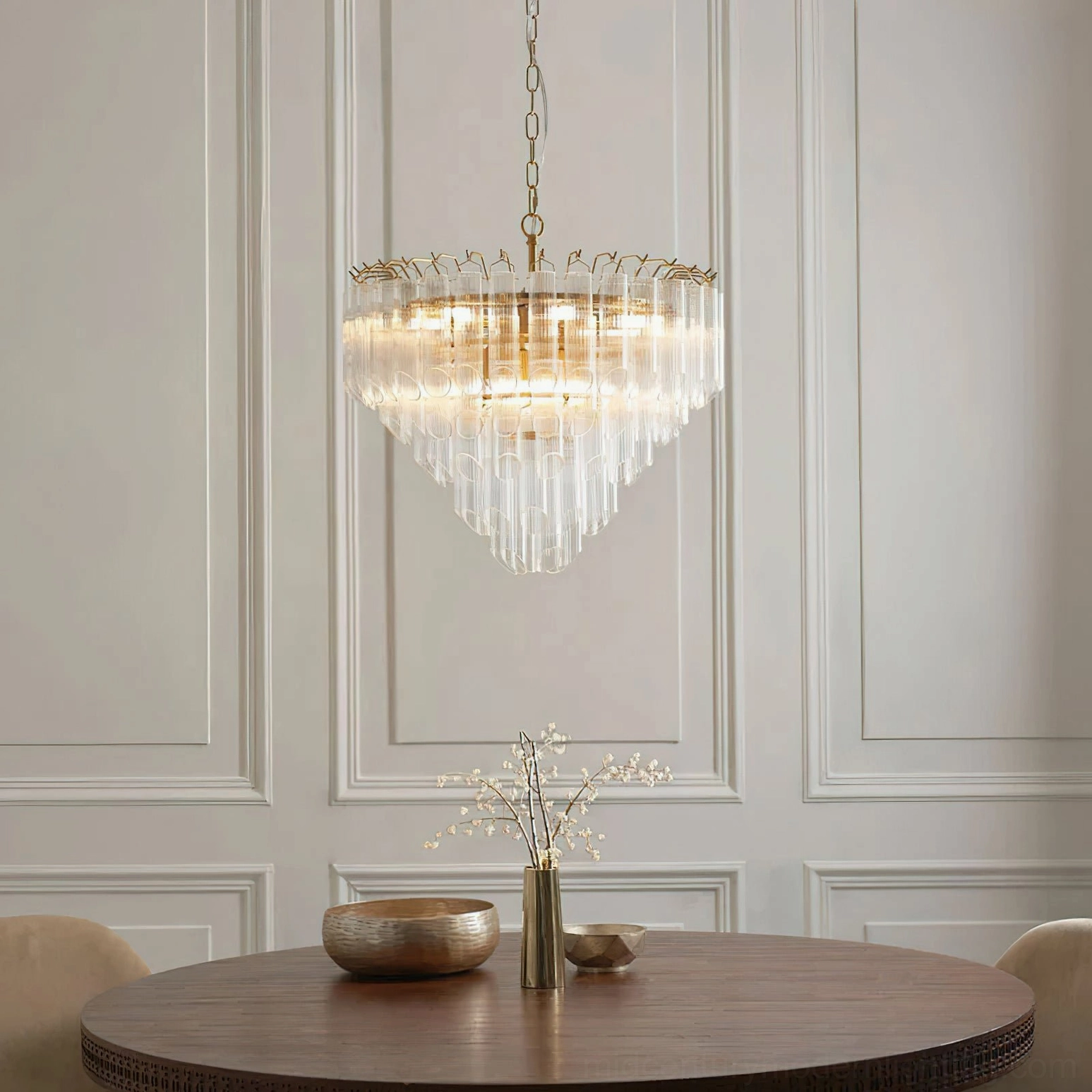 Astoria Waterfall Glass Chandelier in luxury dining room - overhead view suspended above round wooden table