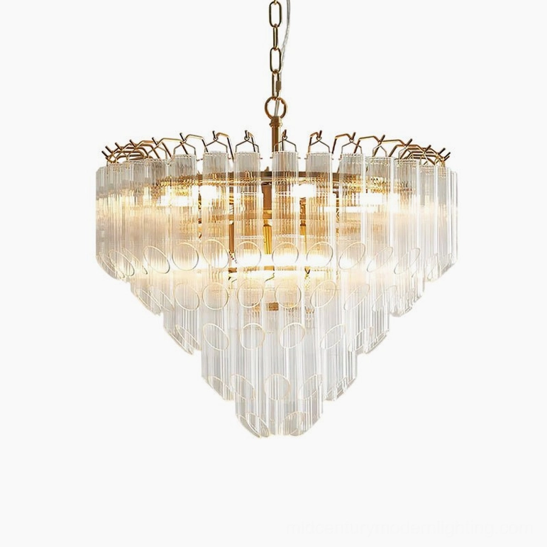 Astoria Waterfall Glass Chandelier medium size - tiered glass pendant with warm interior glow and brass frame