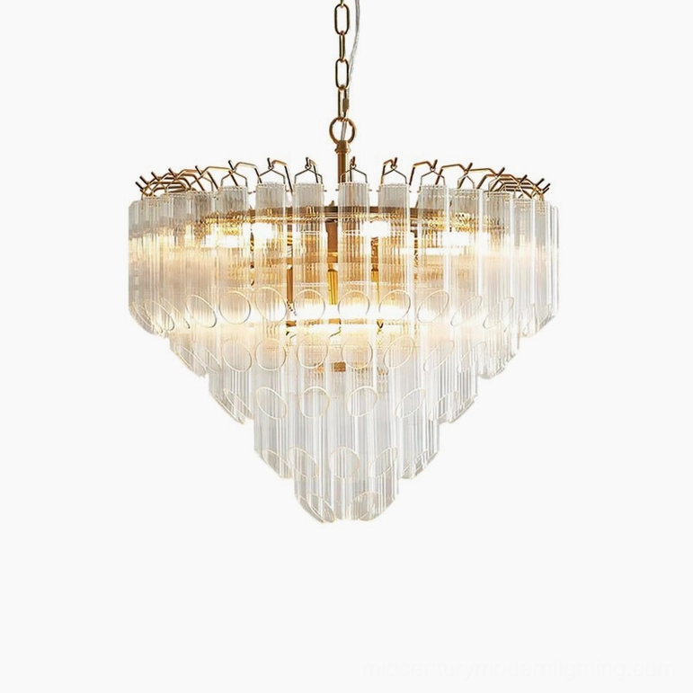 Astoria Waterfall Glass Chandelier small size - compact tiered pendant with clear glass tubes and warm brass tones