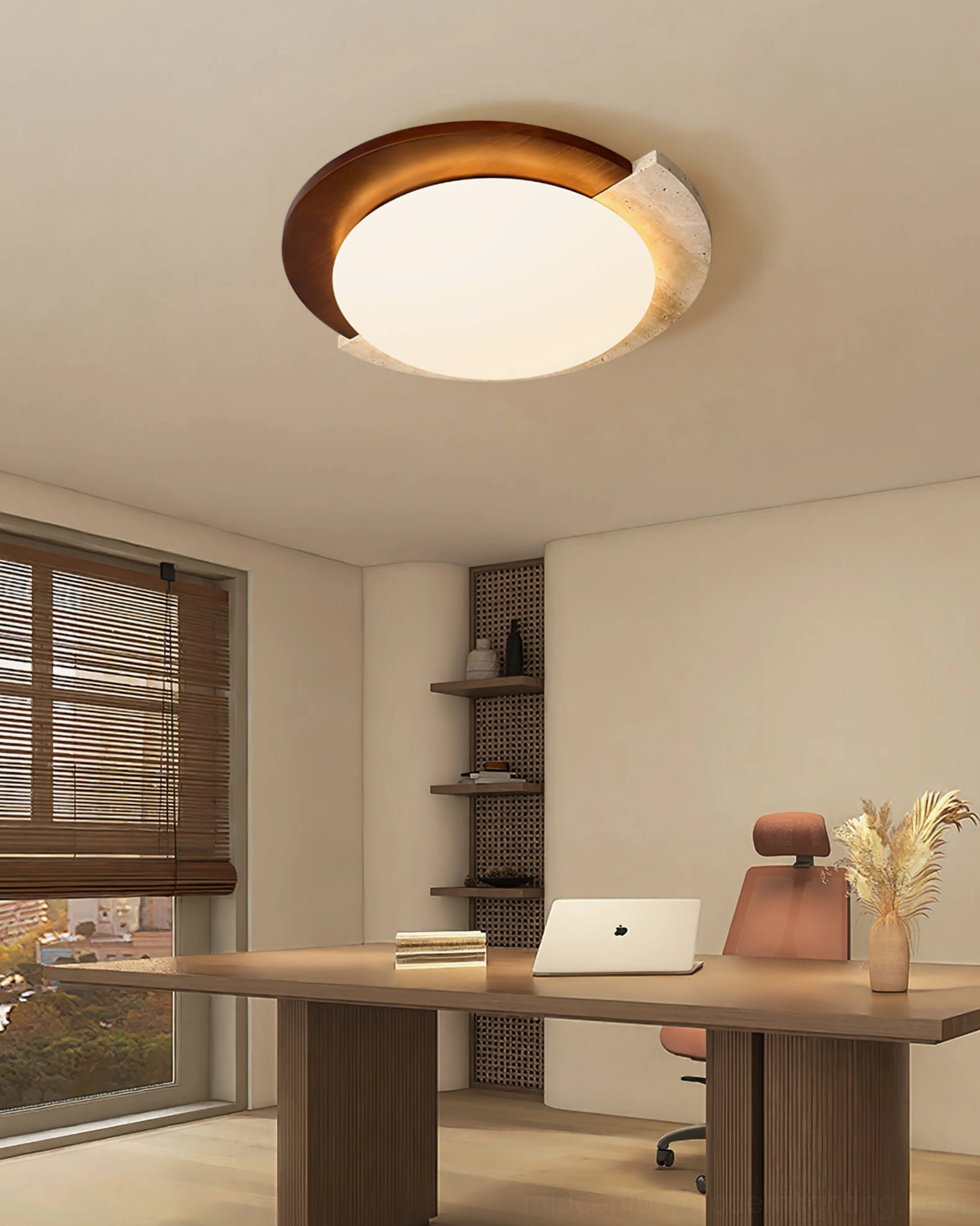 Studio product shot of asymmetrical ceiling lamp highlighting the contrast between stone, wood, and acrylic materials