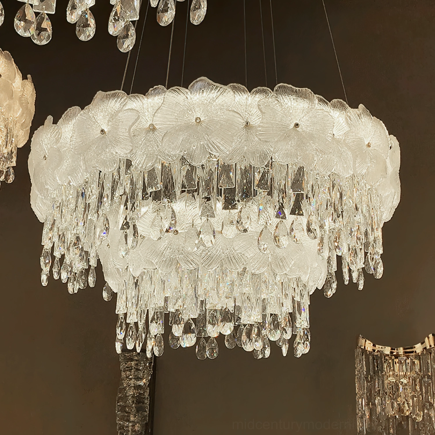 Atlas crystal chandelier contemporary interior design setting modern ceiling fixture elegant lighting statement piece