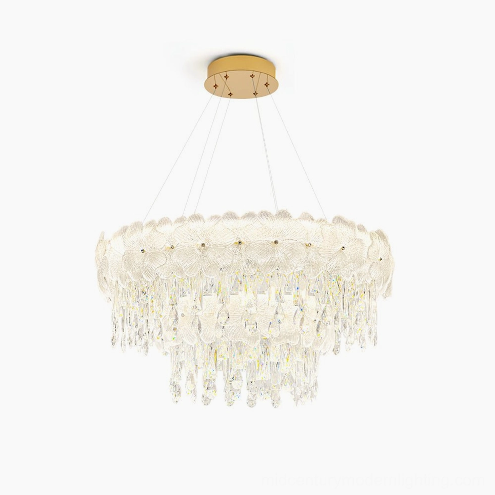Atlas crystal chandelier front view studio shot showcasing tiered crystal petals and cascading droplets with premium stainless steel frame