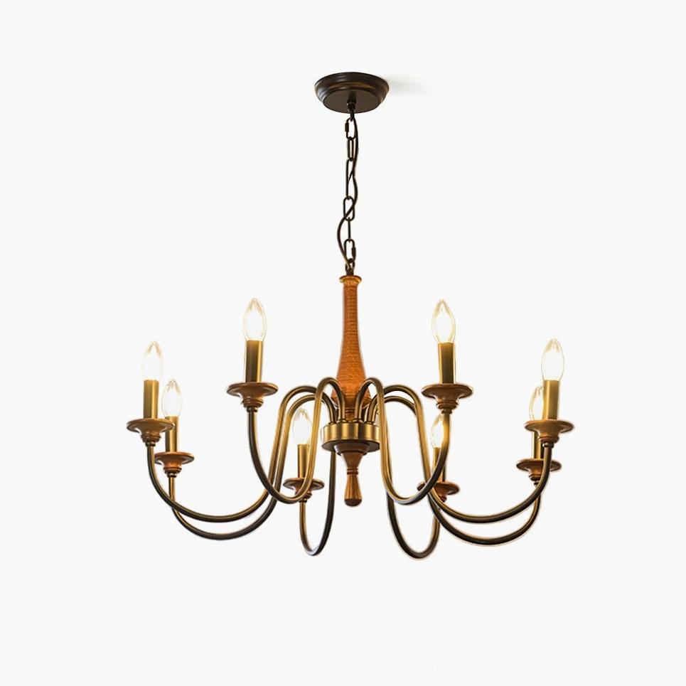 Aubrey 8-arm candelabra chandelier front view with walnut wood column and black curved metal arms on white background