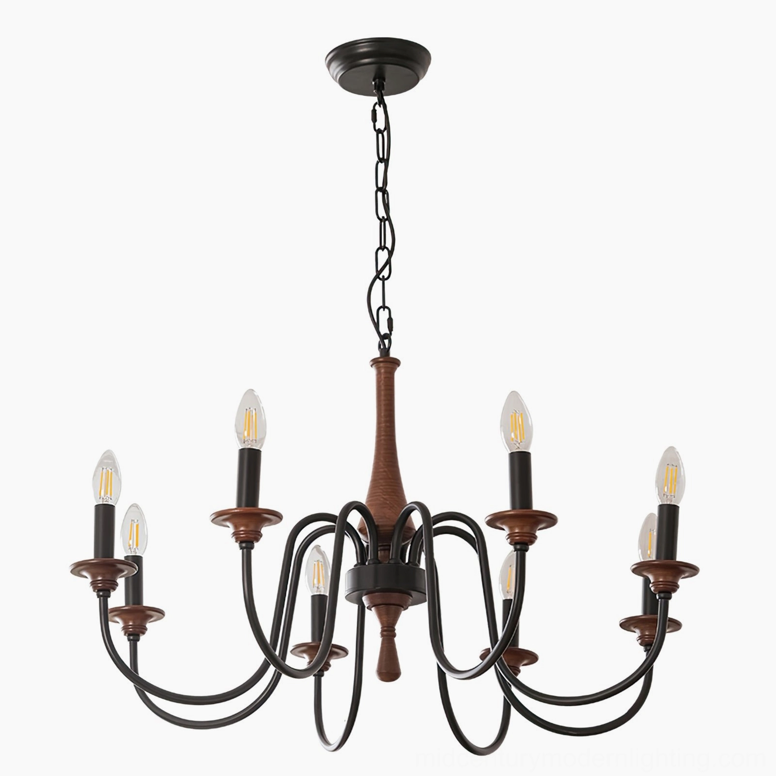 Aubrey 8-arm mid-century modern chandelier full installation view in contemporary living room with elegant styling