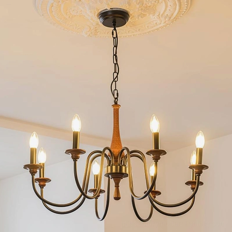 Aubrey walnut and black candelabra chandelier product shot showing complete 8-arm fixture design and proportions