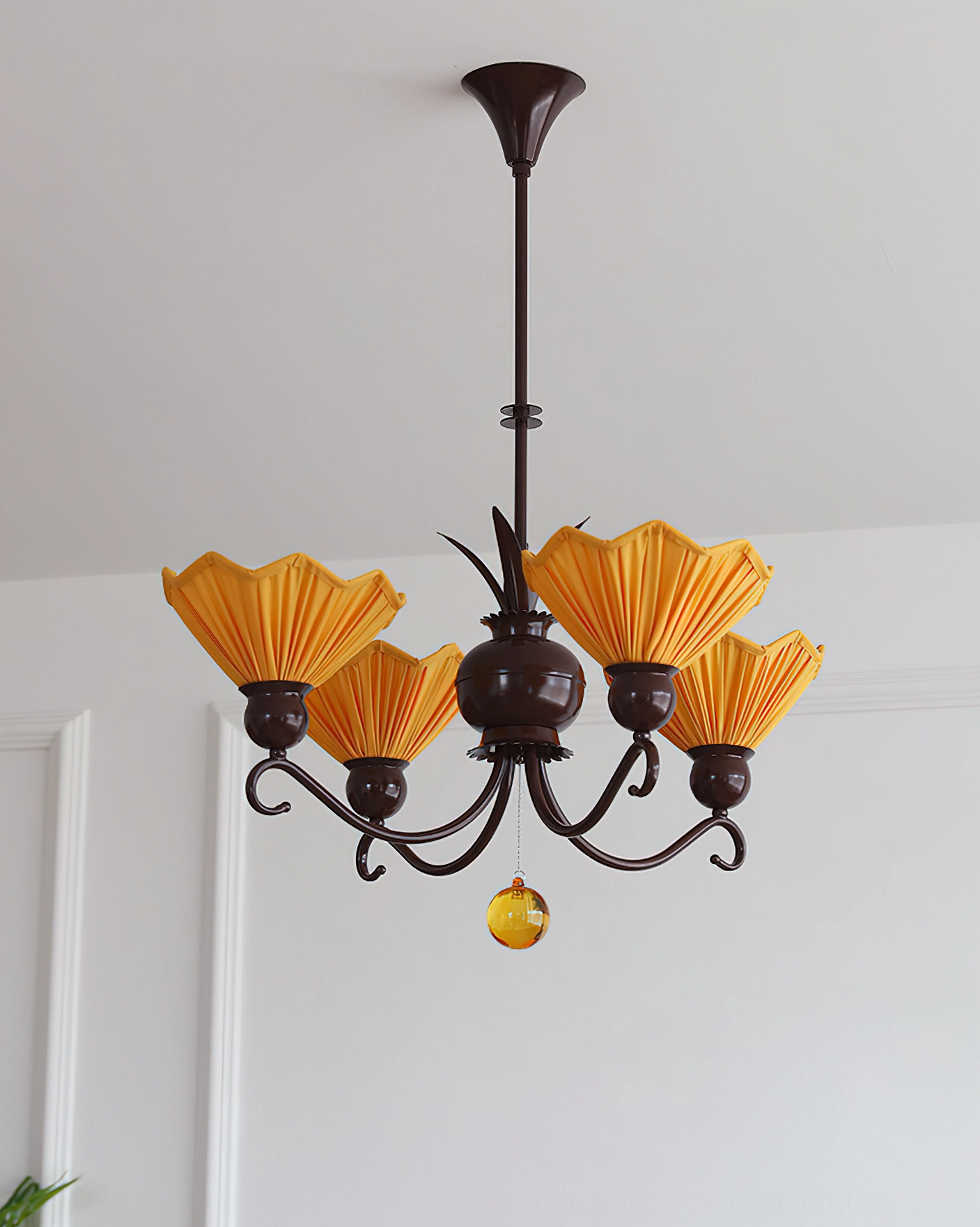 Aurelia 4-light vintage chandelier with round central base and warm amber pleated lamp covers