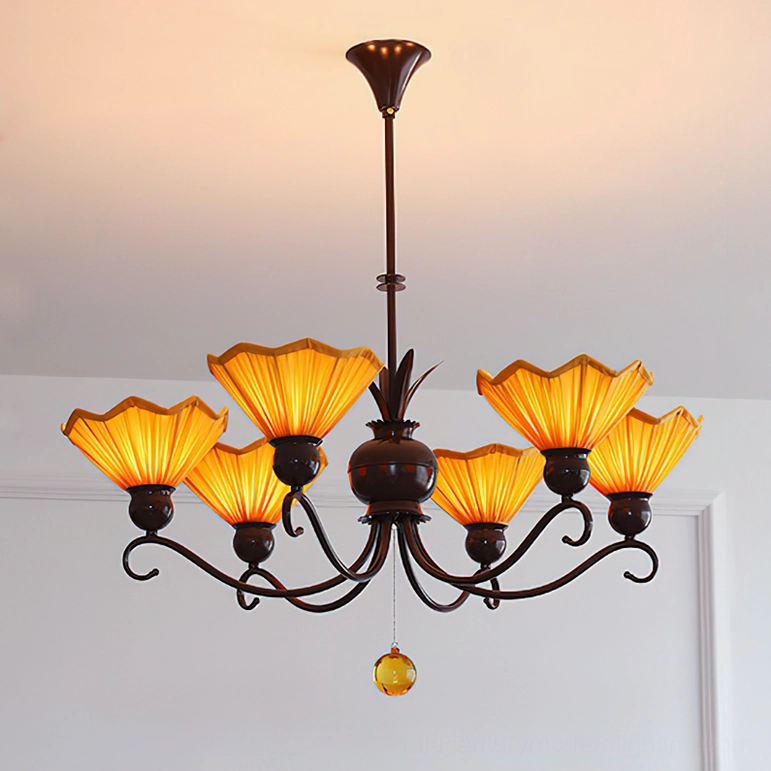 Aurelia 6-light mid-century modern pleated chandelier in yellow and coffee color, full product overview