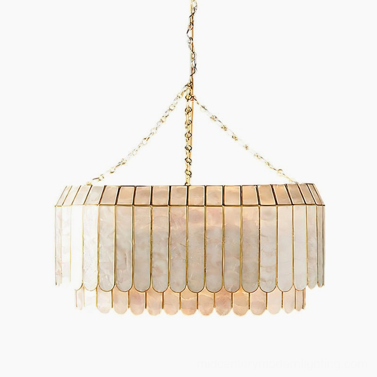 Aurelia 31.5 inch large capiz shell pendant lamp grand size showing full two-tier construction with multiple shell panels and gold frame