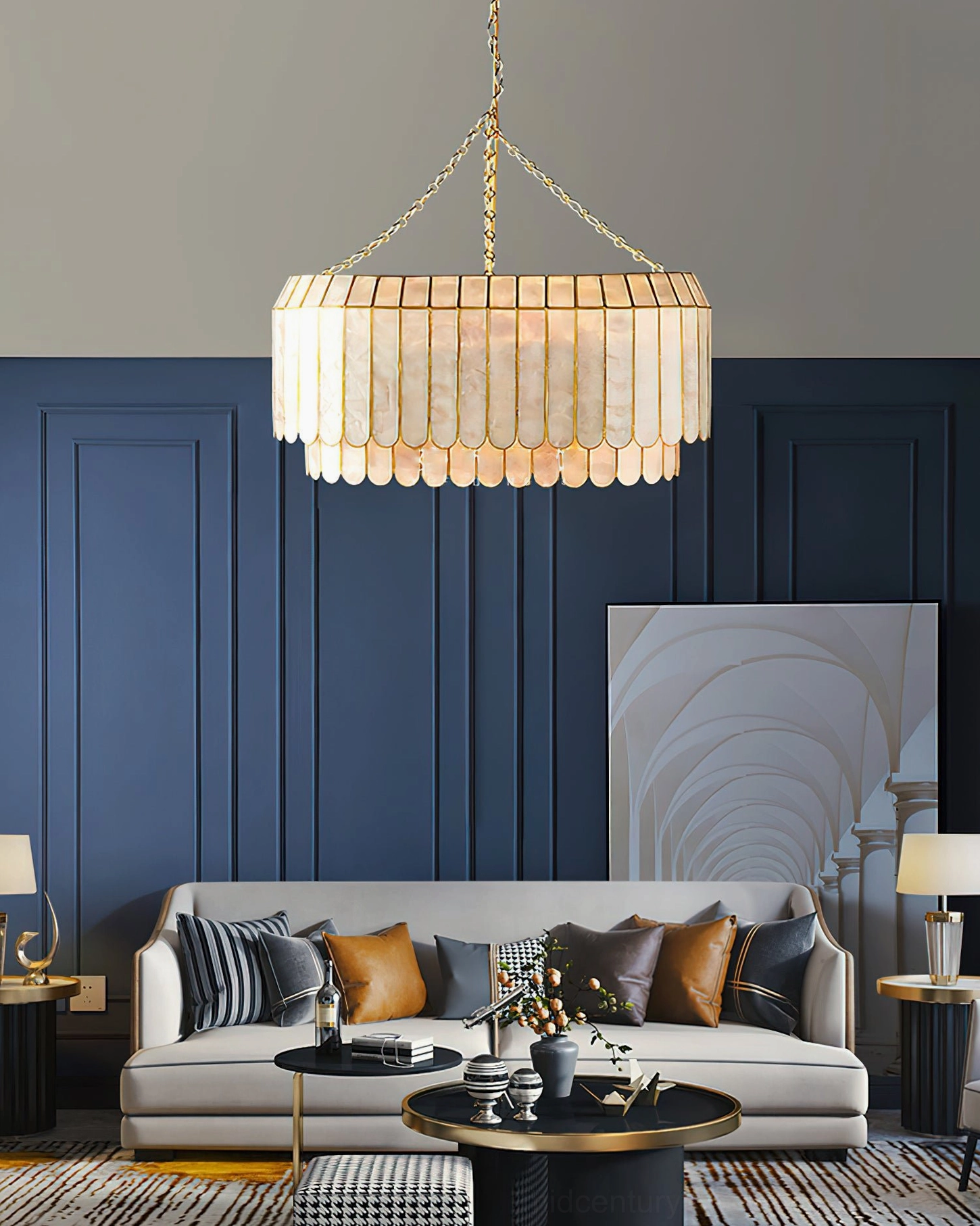 Aurelia capiz shell pendant lamp side profile showing layered two-tier construction, shell transparency, and metal framework proportions