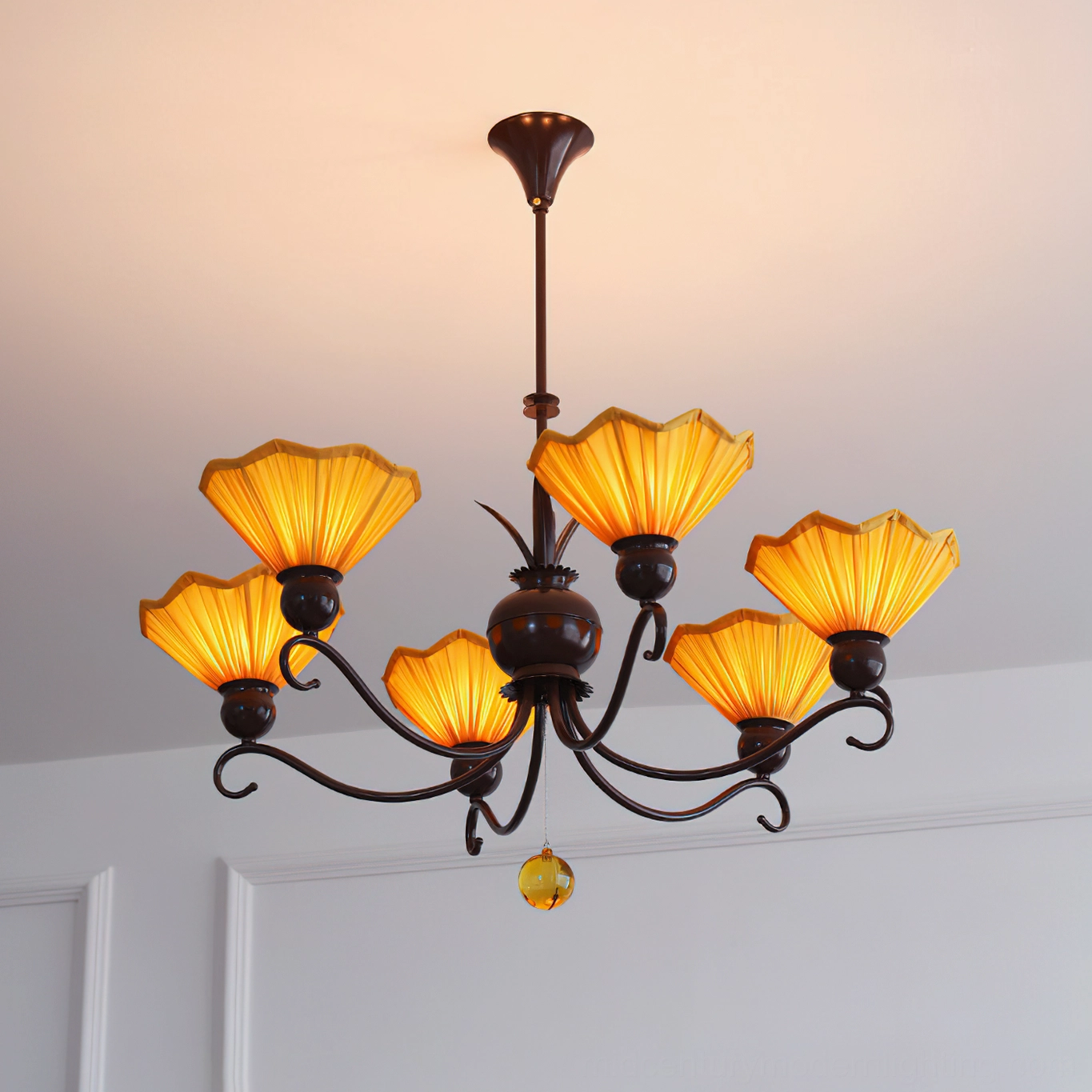 Aurelia mid-century modern chandelier lighting effect in residential space, warm amber glow ambiance