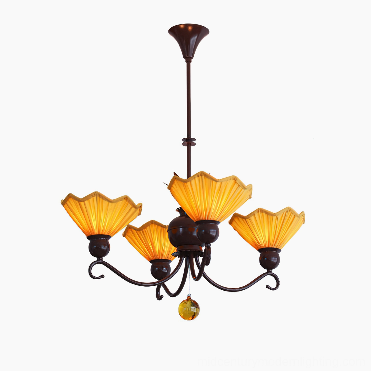 Aurelia pleated chandelier styled in contemporary interior design setting with mid-century furniture pairing