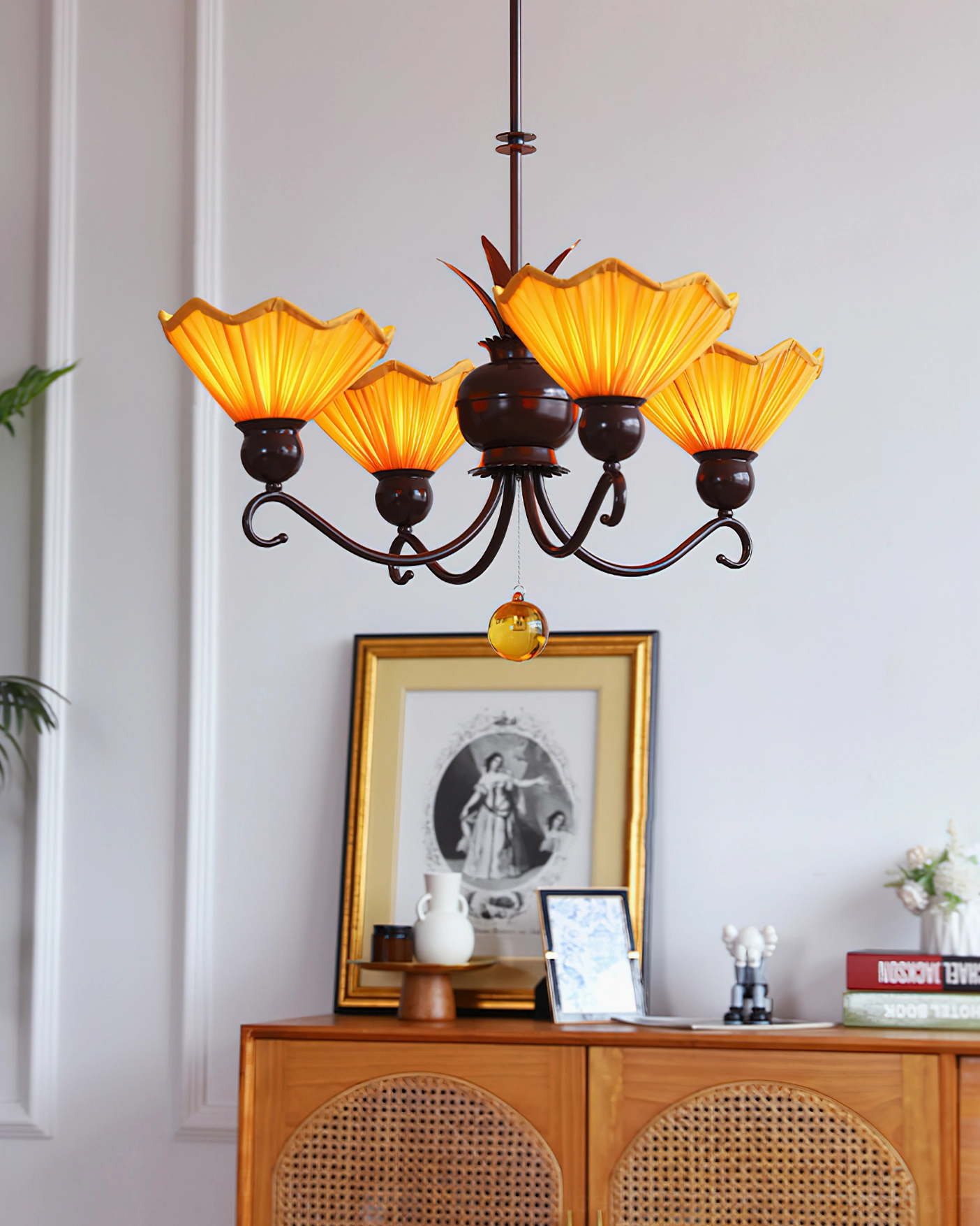 Aurelia 5-light vintage pleated chandelier in retro home entry with wooden cabinet, classic American mid-century aesthetic