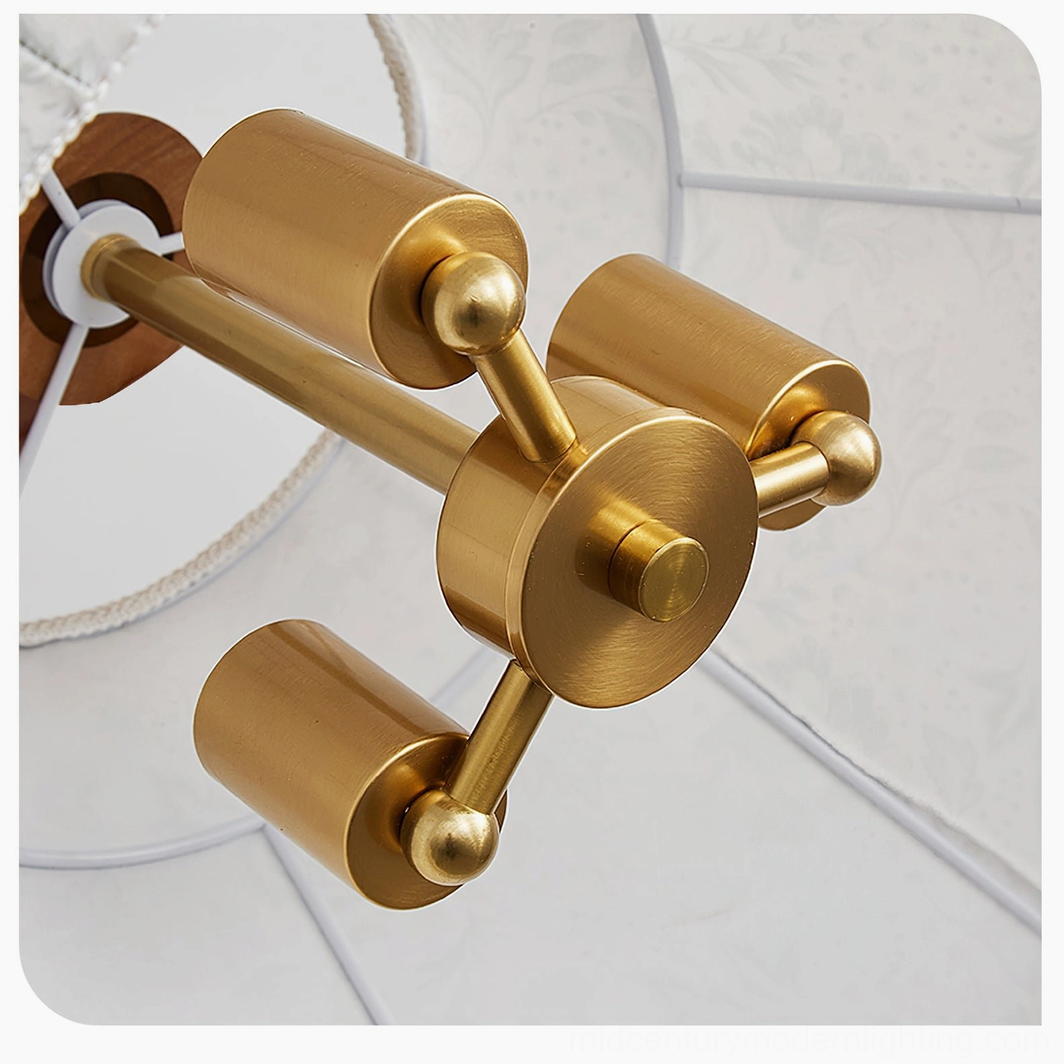Close-up of Aurelian lamp socket assembly with brushed brass three-arm light holder