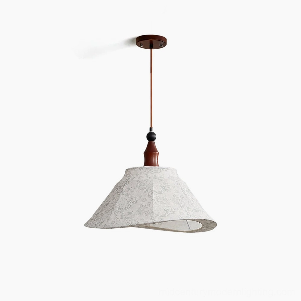 Aurelian mid-century modern pendant light with conical fabric shade and walnut wood body, front view on white background