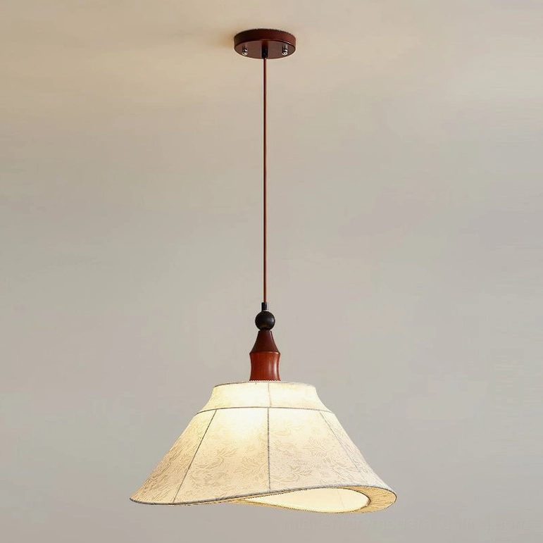 Aurelian pendant light showing smooth fabric shade and simple hanging rod, side angle view