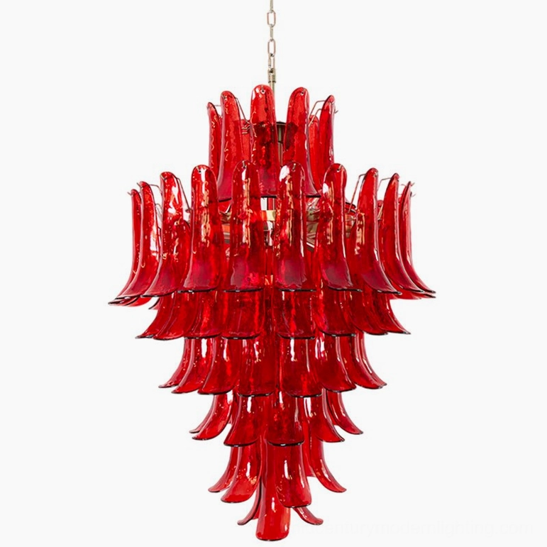 Professional studio photograph of authentic Murano glass chandelier with crimson petals and gold finish, premium lighting fixture design