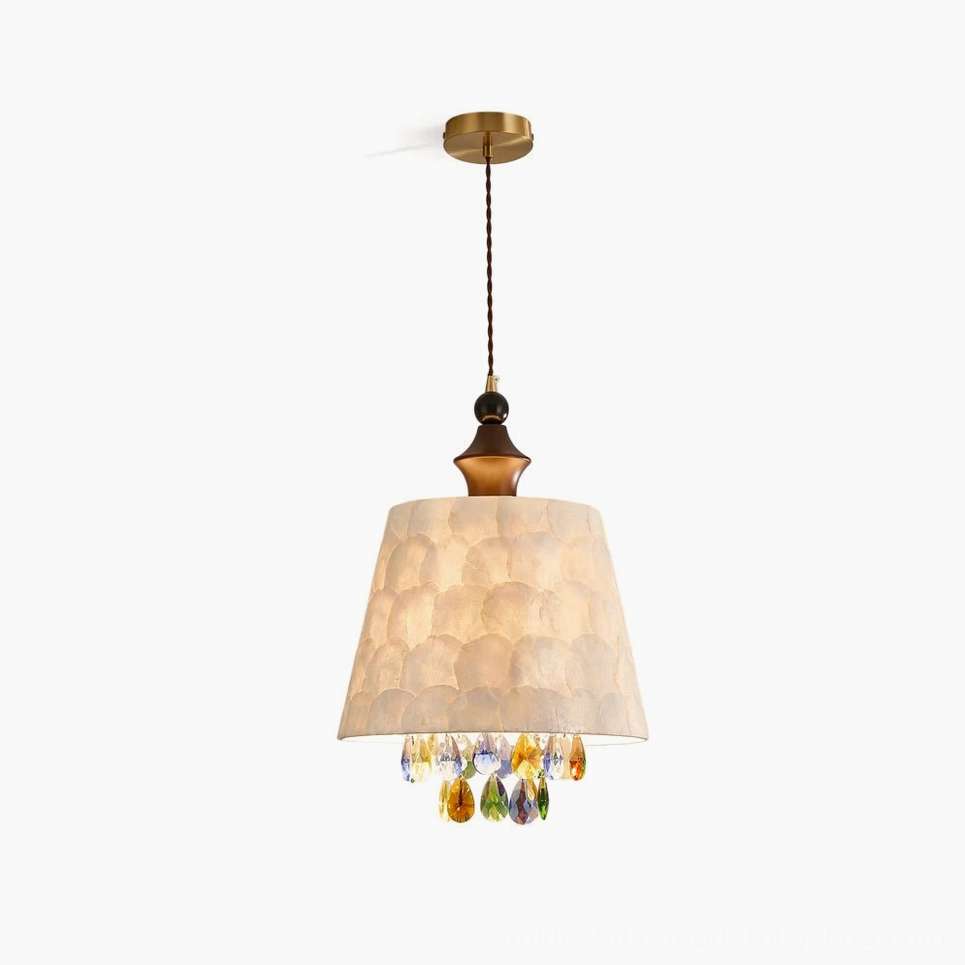 Avery capiz shell pendant lamp with layered natural shells and multi-colored crystal teardrop accents, front view on white background