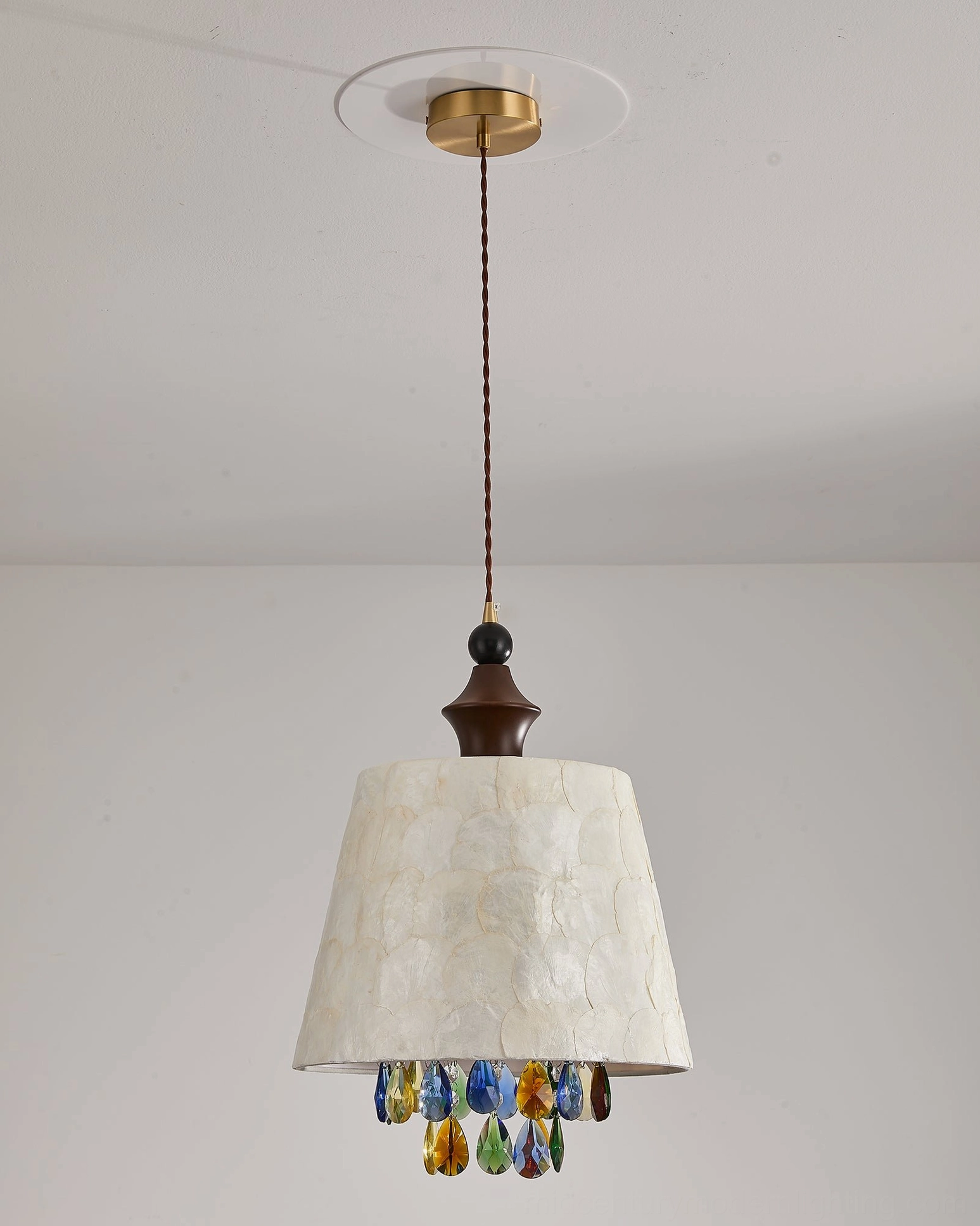 Avery capiz shell pendant chandelier tapered drum shade with layered shells and colorful crystal teardrop accents